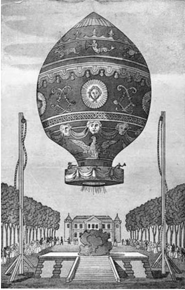 The first manned balloon flight piloted by Pilatre de Rozier and the Marquis d’Arlandes November 21, 1783 over Paris. The hot air balloon was designed and built by Joseph and Etienne Montgolfier.