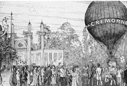 Drawing of a balloon ascent at Cremorne Gardens in London by Walter Greaves in 1872