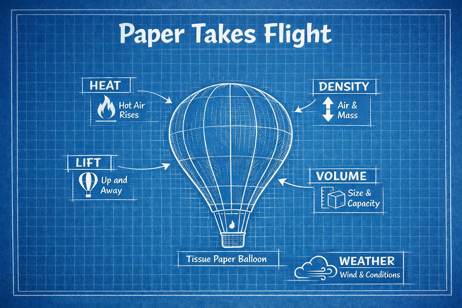 Blueprint-style infographic titled “Paper Takes Flight” showing a tissue paper balloon with labeled concepts: heat, lift, density, volume, and weather.